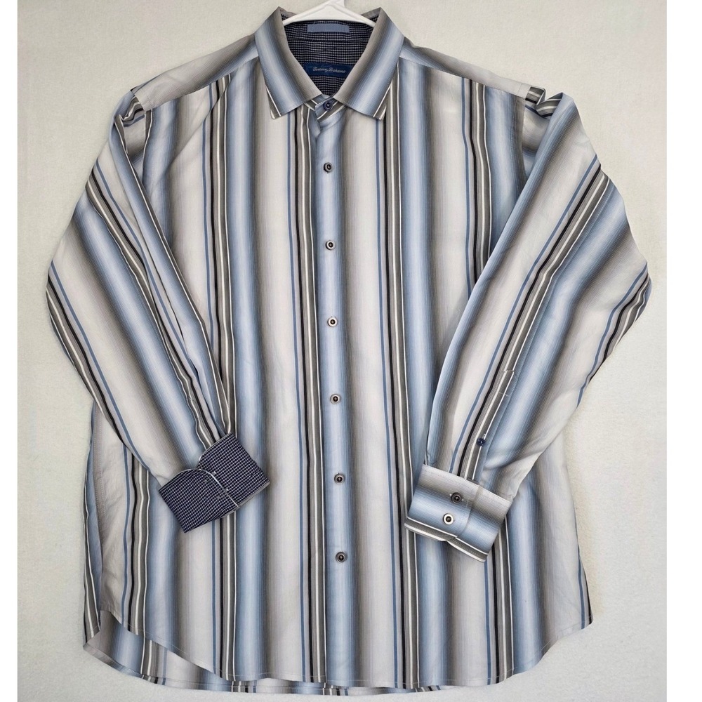 Tommy Bahama Cotton Silk Striped Button Down Shirt Large Blue Grey Coastal